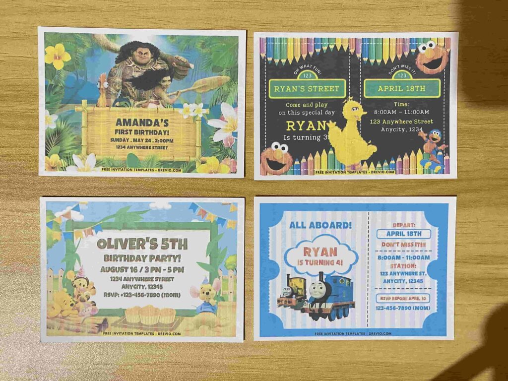 Preview of Thomas the Train Tank Engine, Sesame Street Coloring Pencil, Disney Moana & Maui, and Winnie the Pooh Birthday Invitation Printed on A7 5x7 250gsm 80lb Matte Cardstock Paper