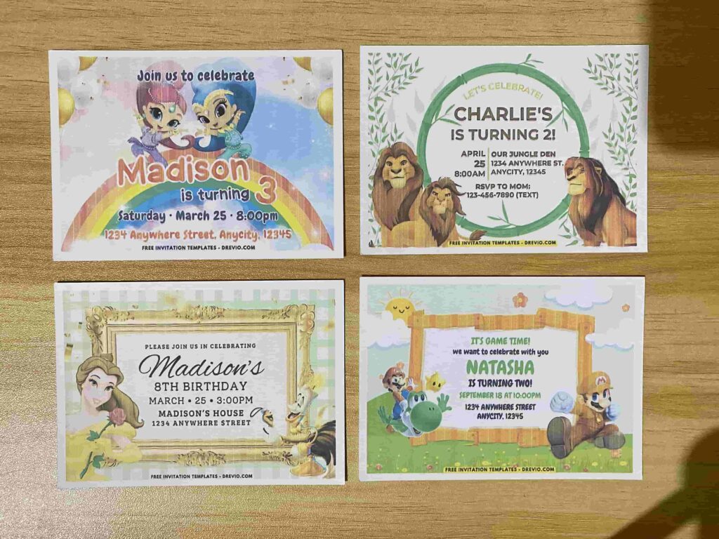 Preview of Mufasa Lion King, Winnie the Pooh, Shimmer & Shine, and Disney Belle Beauty and the Beast Birthday Invitation Printed on A7 5x7 250gsm 80lb Matte Cardstock Paper