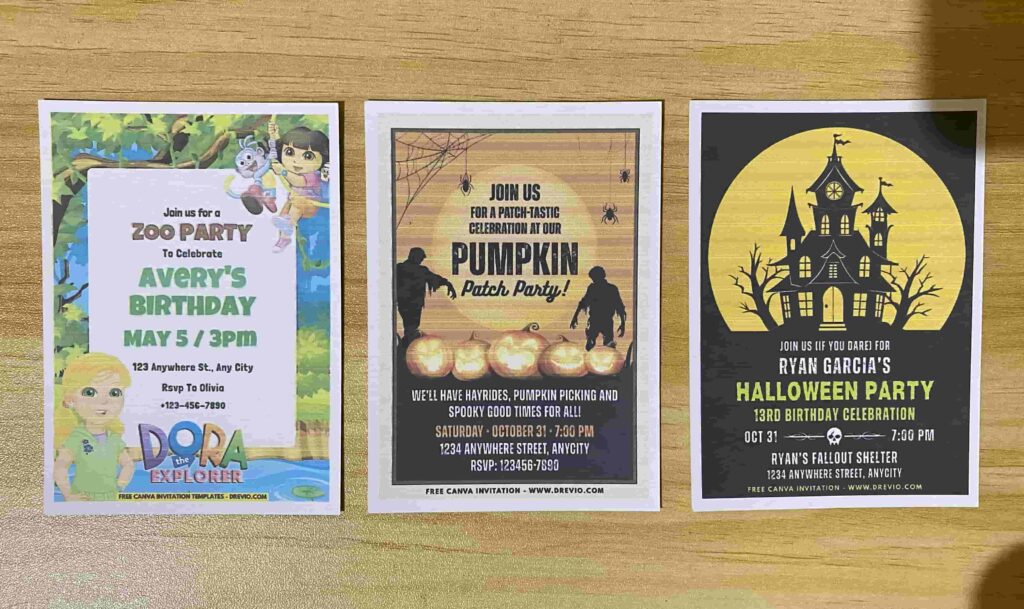 Preview of Dora the Explorer, Pumpkin Zombie, and Haunted Witch House Birthday Invitation Printed on A7 5x7 250gsm 80lb Matte Cardstock Paper