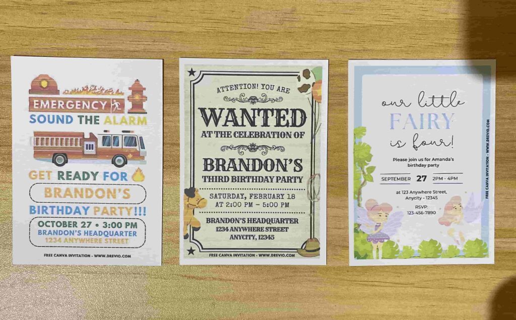 Preview of Cute Firefighter, Wild West, and Little Fairy Birthday Invitation Printed on A7 5x7 250gsm 80lb matte cardstock paper