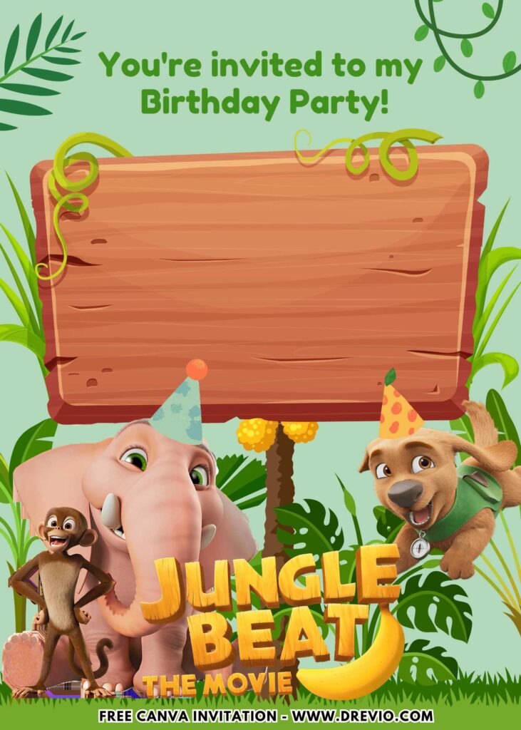 Free and Editable Jungle Beat  trunk and Puppy Birthday Invitation Templates Made in Canva. Customize Online for free