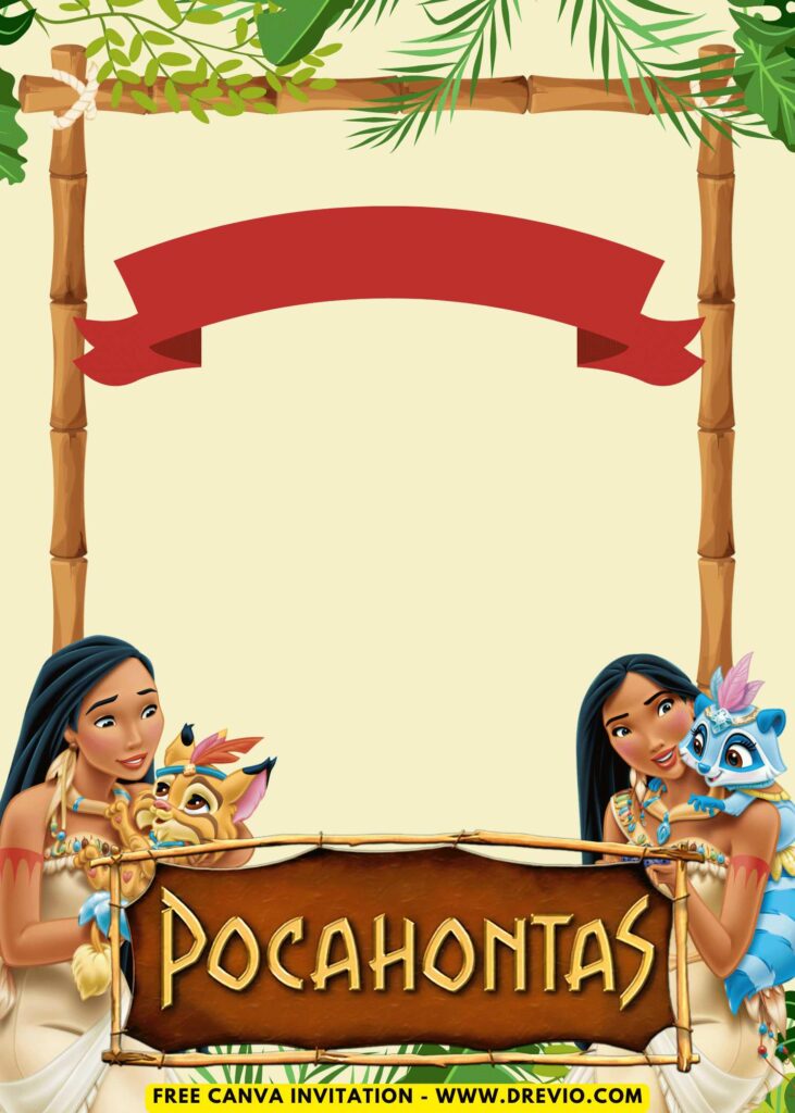 Free and Editable Simply Cute Disney Pocahontas Birthday Invitation Templates Made in Canva. Customize Online for free