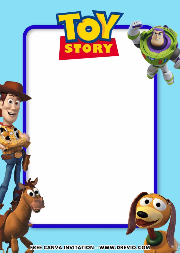 Free and Editable Toy Story 5 Slinky Dog Bullseye Woody and Buzz Lightyear Birthday Invitation Templates Made in Canva. Customize Online for free