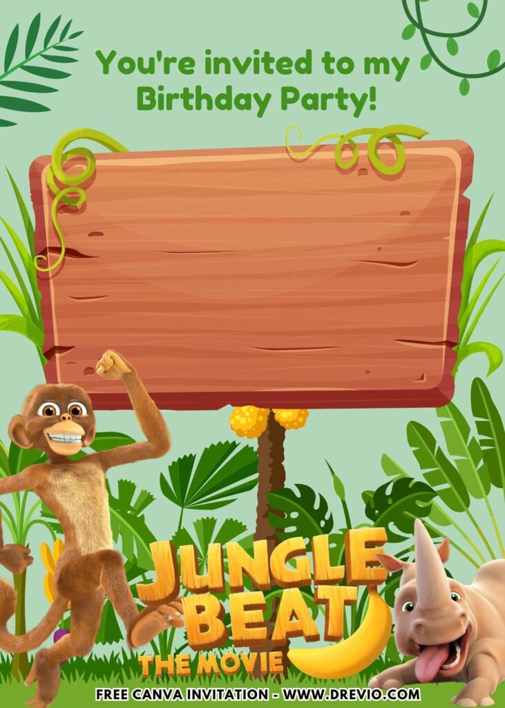 Free and Editable Jungle Beat Munky the Monkey Birthday Invitation Templates Made in Canva. Customize Online for free