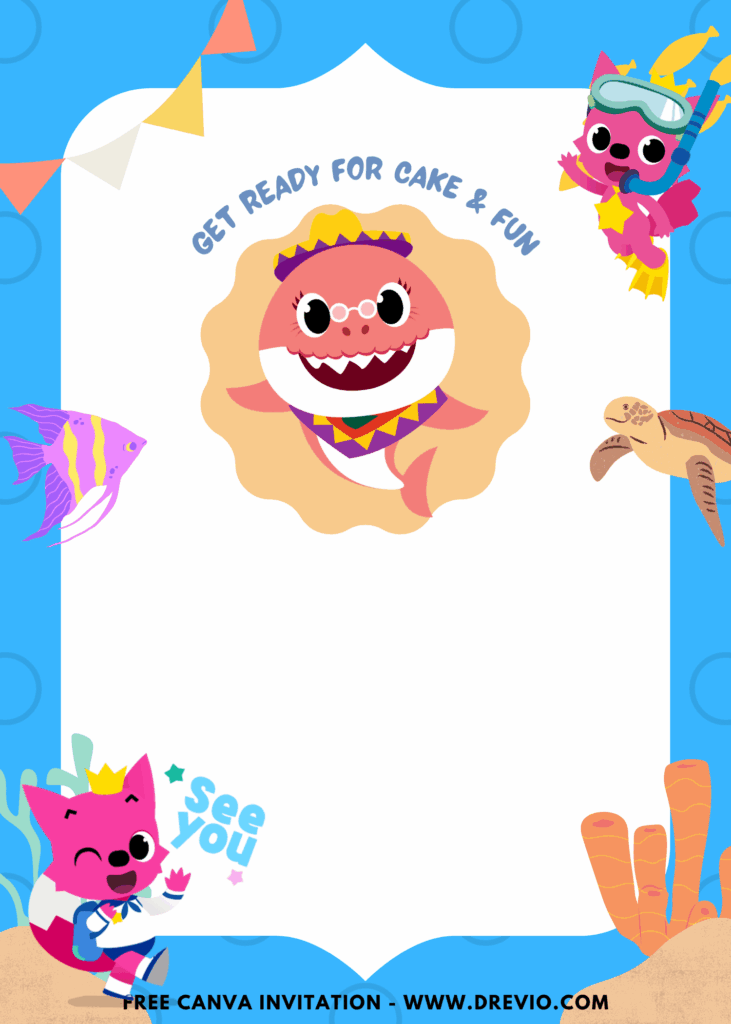 Free and Editable Adorable Baby Shark Birthday Invitation Templates Made in Canva. Customize Online for free