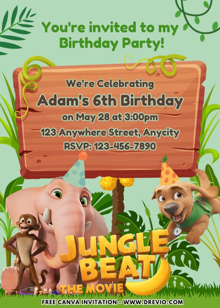 Free and Editable Jungle Beat Birthday Invitation Templates Made in Canva. Customize Online for free