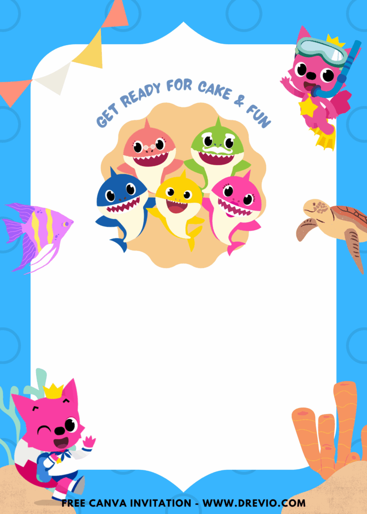 Free and Editable Colorful Baby Shark Birthday Invitation Templates Made in Canva. Customize Online for free
