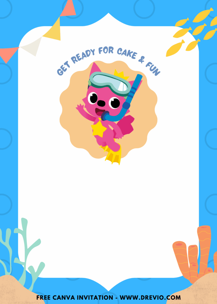 Free and Editable Lovely Pinkfong Baby Shark Birthday Invitation Templates Made in Canva. Customize Online for free