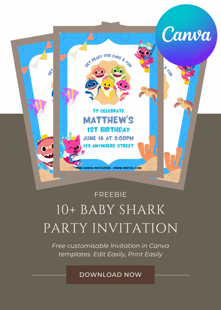 Free and Editable Fun Baby Shark Birthday Invitation Templates Made in Canva. Customize Online for free