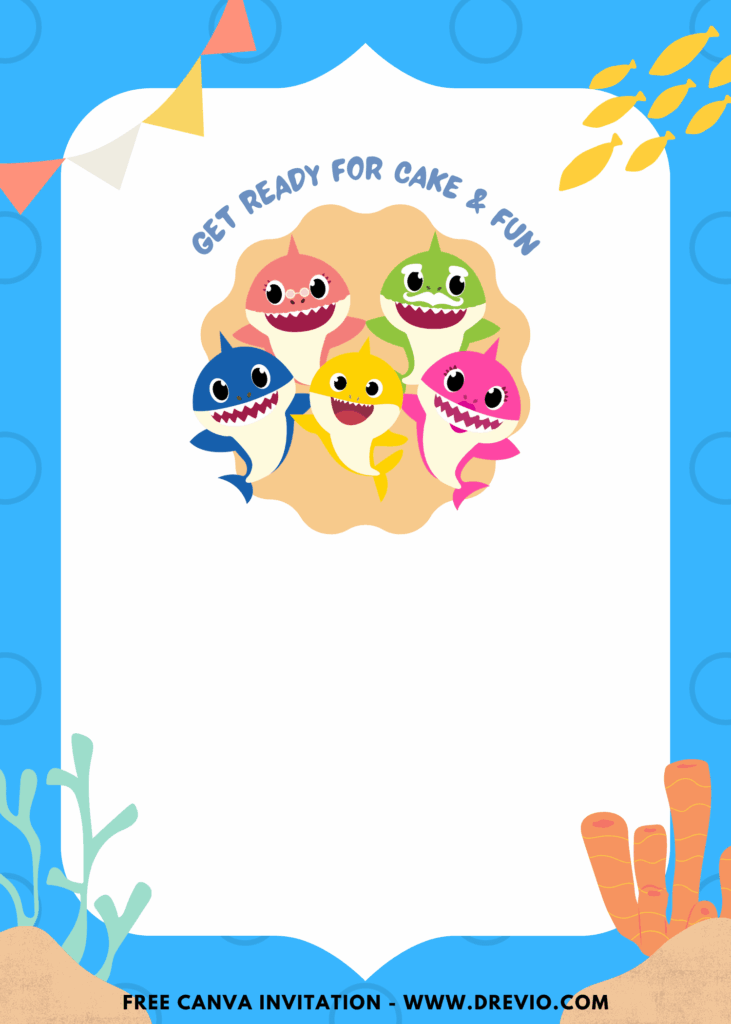 Free and Editable Baby Shark Family Birthday Invitation Templates Made in Canva. Customize Online for free
