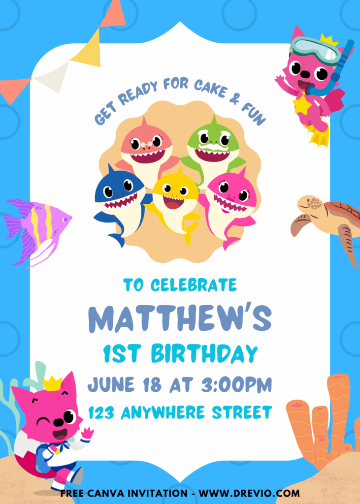 Free and Editable Baby Shark Birthday Invitation Templates Made in Canva. Customize Online for free