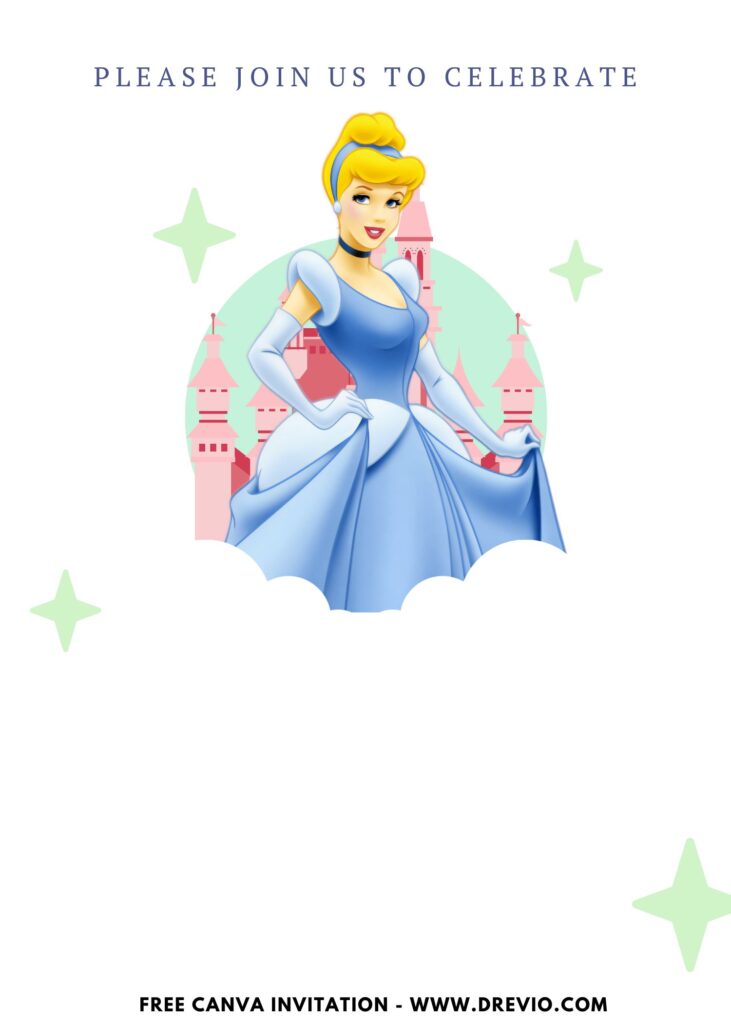 Free and Editable Sparkling Princess Cinderella Birthday Invitation Templates Made in Canva. Customize Online for free