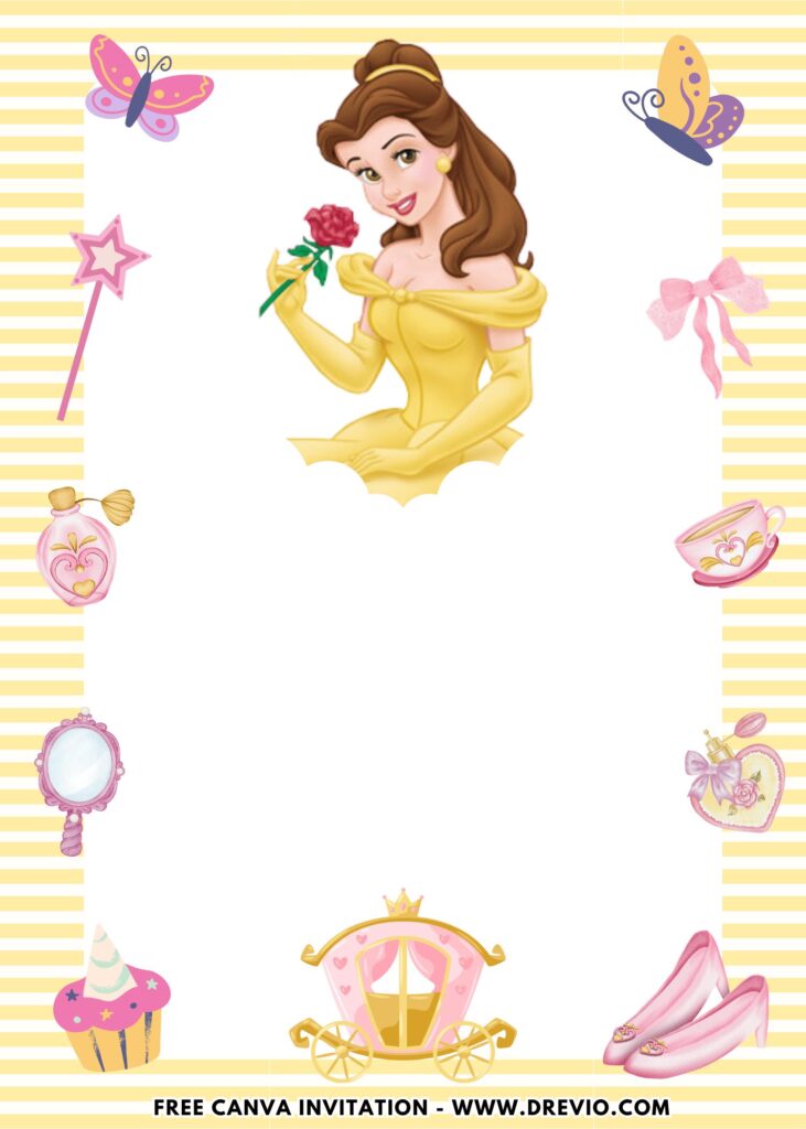 Free and Editable Princess Stuff Belle Birthday Invitation Templates Made in Canva. Customize Online for free