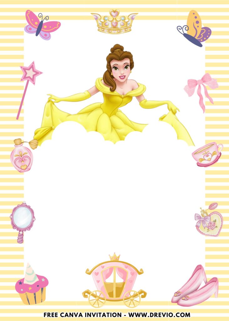 Free and Editable Gorgeous Princess Belle Birthday Invitation Templates Made in Canva. Customize Online for free