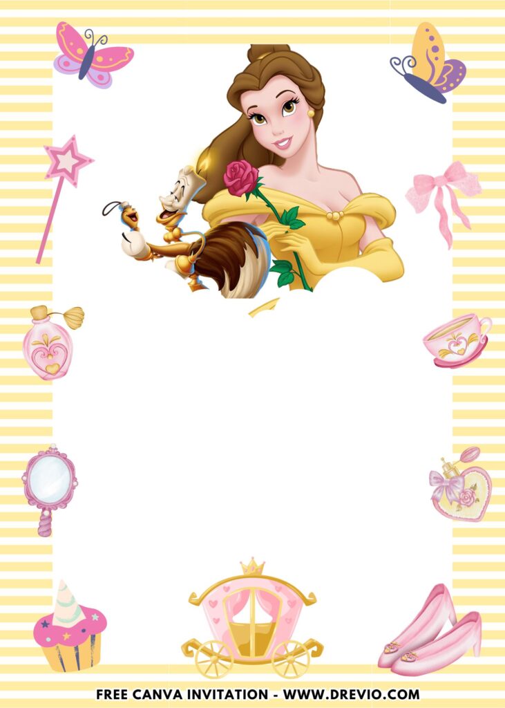 Free and Editable Disney Princess Belle Birthday Invitation Templates Made in Canva. Customize Online for free