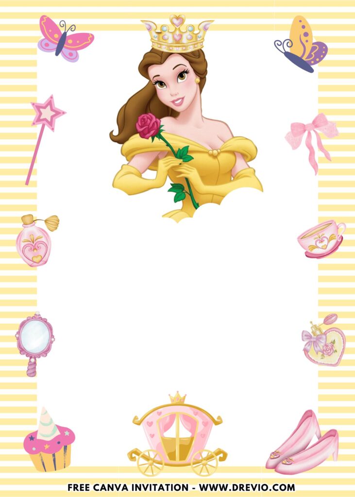 Free and Editable Lovely Princess Belle Birthday Invitation Templates Made in Canva. Customize Online for free