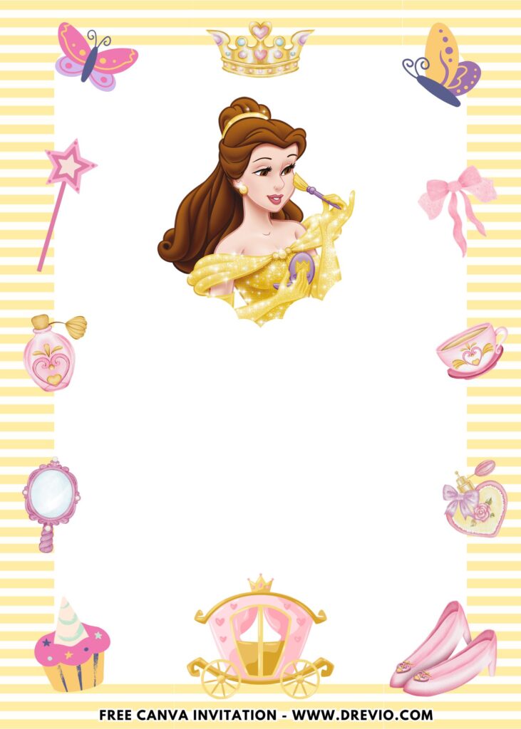 Free and Editable Beautiful Princess Belle Birthday Invitation Templates Made in Canva. Customize Online for free