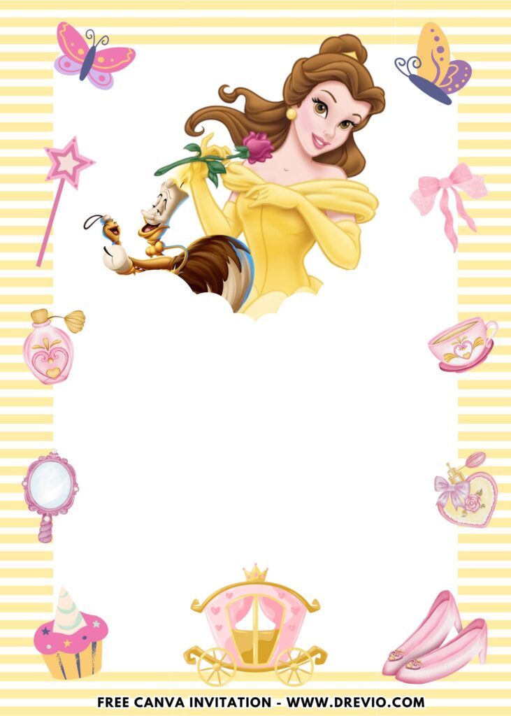 Free and Editable Princess Belle and Lumiere Birthday Invitation Templates Made in Canva. Customize Online for free