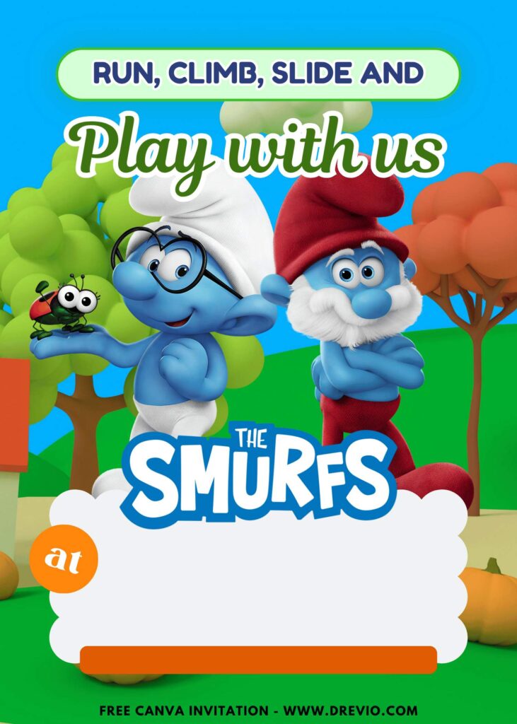 Free and Editable Brainy and Grandpa Smurfs Smurftastic Birthday Invitation Templates Made in Canva. Customize Online for free