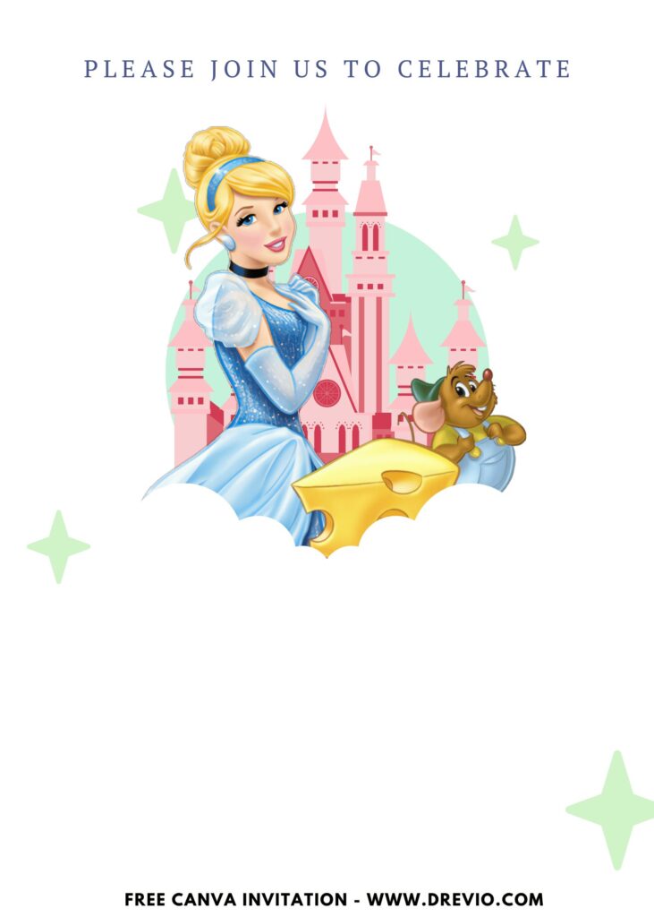 Free and Editable Shimmering Princess Cinderella Birthday Invitation Templates Made in Canva. Customize Online for free