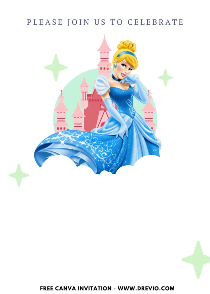 Free and Editable Sparkling Dress Cinderella Birthday Invitation Templates Made in Canva. Customize Online for free