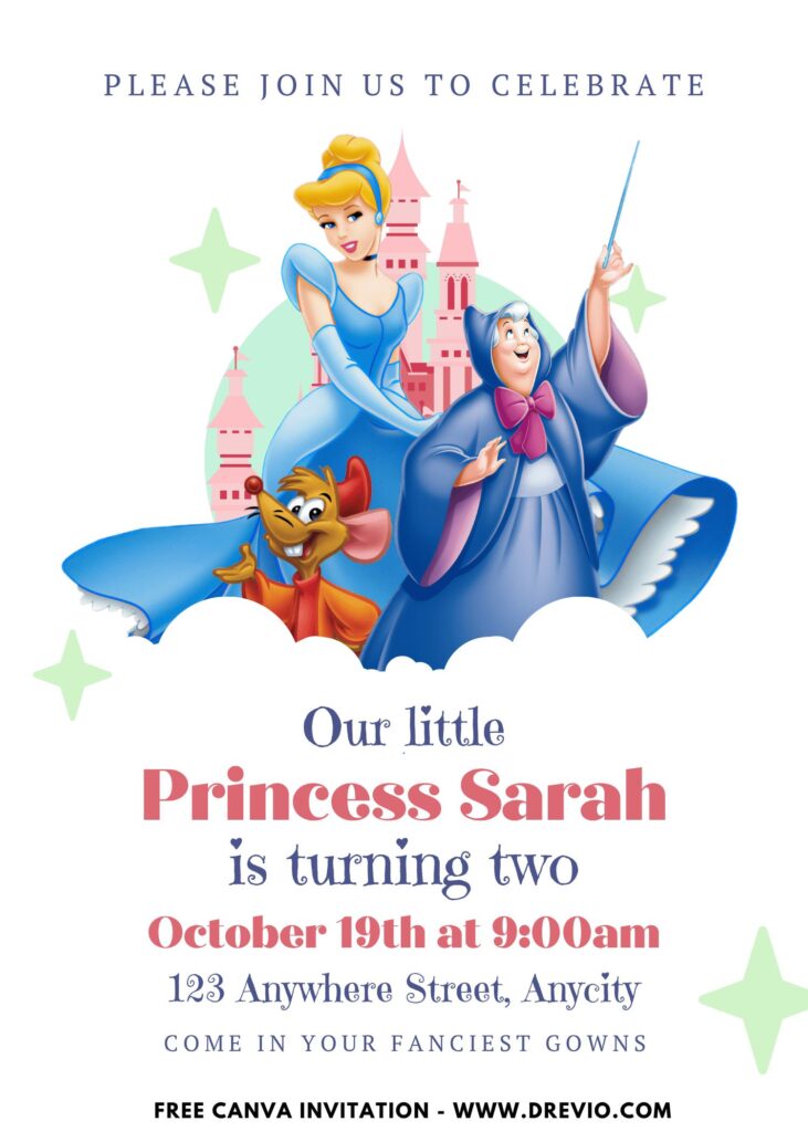 Free and Editable Princess Cinderella Birthday Invitation Templates Made in Canva. Customize Online for free