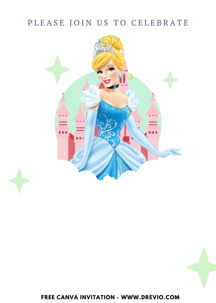 Free and Editable Princess Cinderella on the cloud Birthday Invitation Templates Made in Canva. Customize Online for free