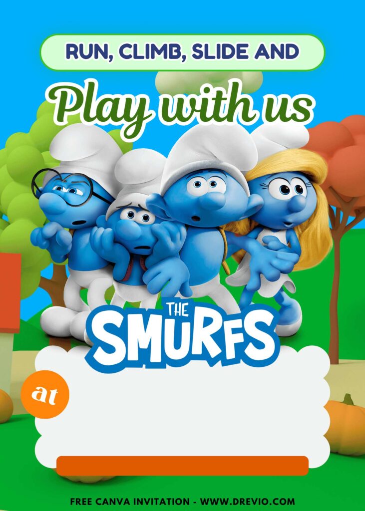 Free and Editable Lovely Cute Smurfs Smurftastic Birthday Invitation Templates Made in Canva. Customize Online for free