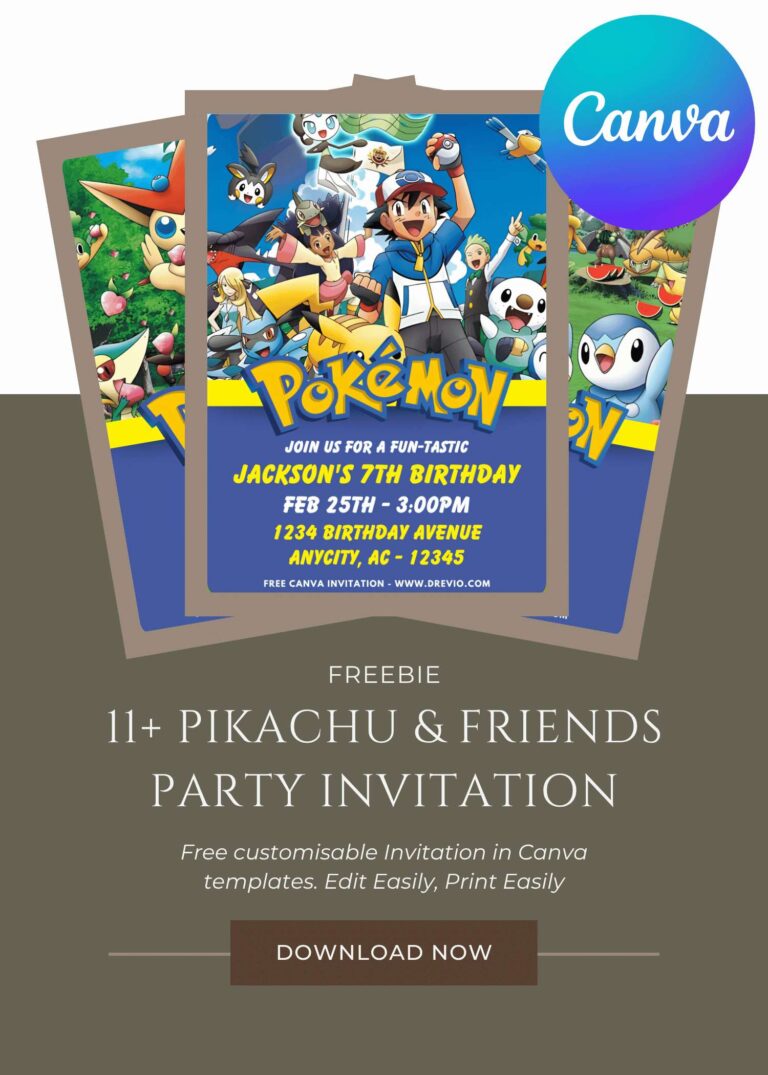 Free and Editable Adorable Pokemon Pikachu and Friends Birthday Invitation Templates Made in Canva. Customize Online for free