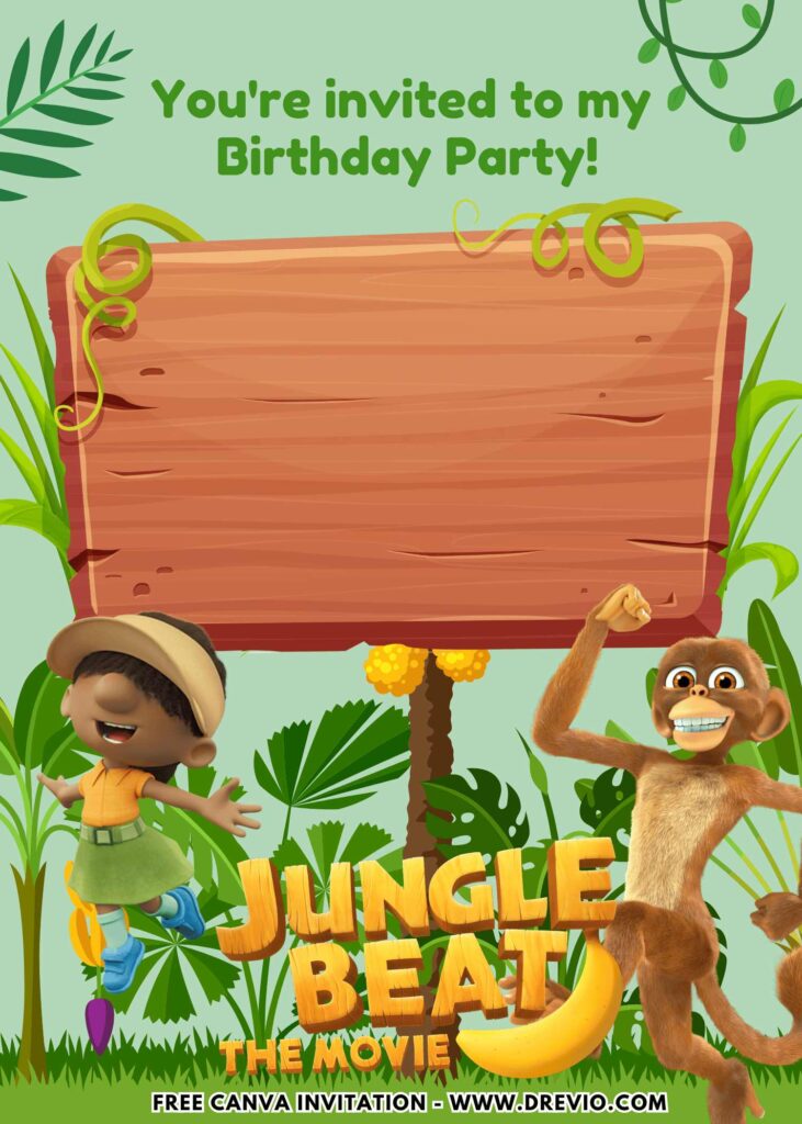 Free and Editable Jungle Beat Rita and Munki Birthday Invitation Templates Made in Canva. Customize Online for free