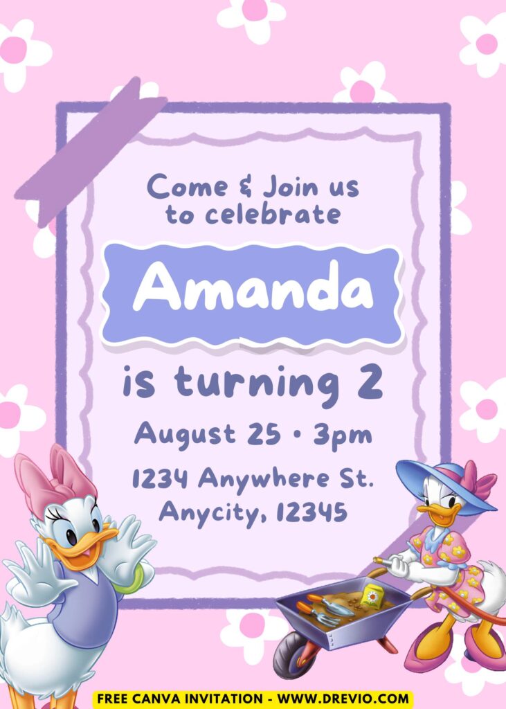 Free and Editable Daisy Duck Birthday Invitation Templates Made in Canva. Customize Online for free