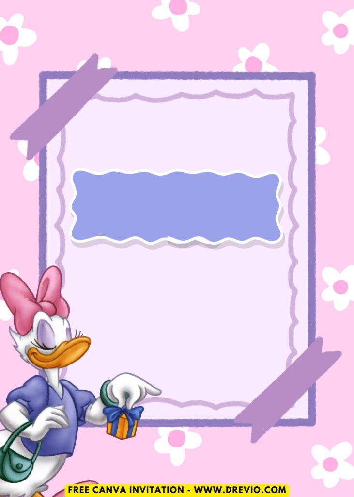 Free and Editable Chic Disney Daisy Duck Birthday Invitation Templates Made in Canva. Customize Online for free