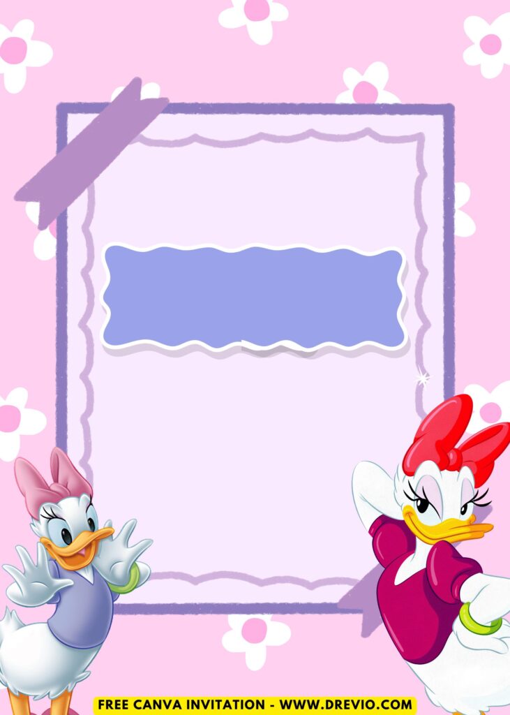 Free and Editable Lovely Cute Disney Daisy Duck Birthday Invitation Templates Made in Canva. Customize Online for free