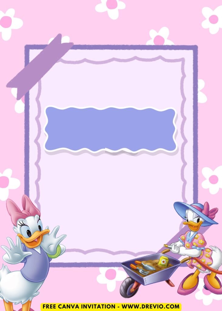 Free and Editable Disney Daisy Duck Gardener Birthday Invitation Templates Made in Canva. Customize Online for free