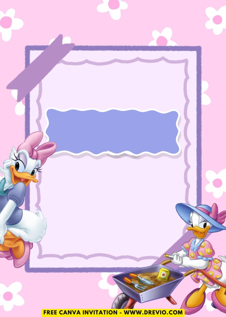 Free and Editable Simple Disney Daisy Duck Birthday Invitation Templates Made in Canva. Customize Online for free