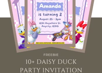 Free and Editable Disney Daisy Duck Birthday Invitation Templates Made in Canva. Customize Online for free