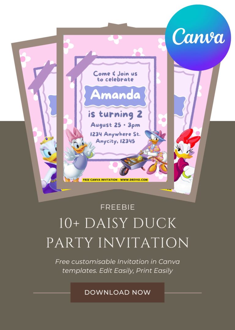 Free and Editable Disney Daisy Duck Birthday Invitation Templates Made in Canva. Customize Online for free