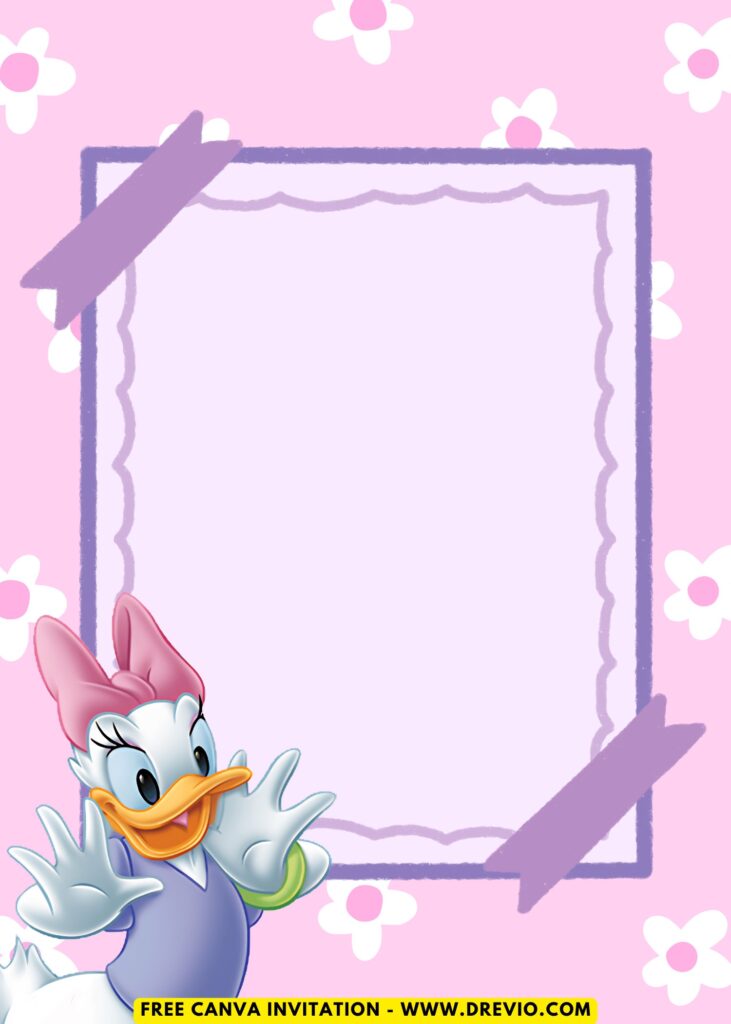 Free and Editable Disney Daisy Duck Birthday Invitation Templates with White Daisy Floral Background Made in Canva. Customize Online for free