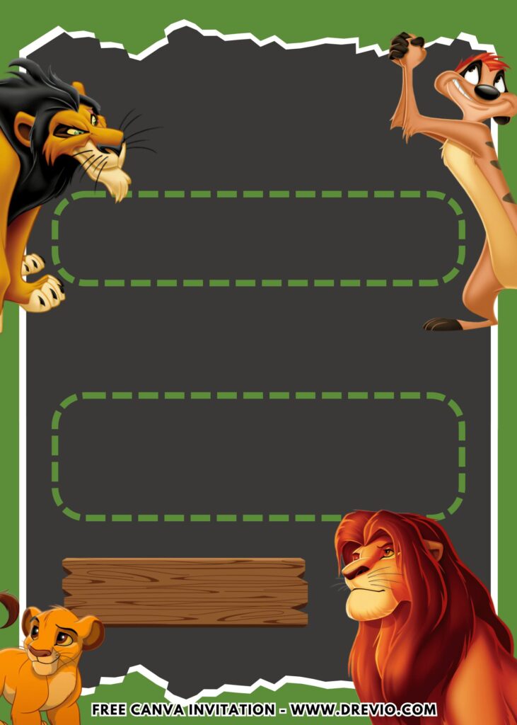 Free and Editable Lovely Cute Timon Mufasa and Scar Lion King Birthday Invitation Templates Made in Canva. Customize Online for free