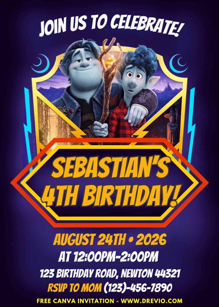 Free and Editable Disney Onward Birthday Invitation Templates Made in Canva. Customize Online for free
