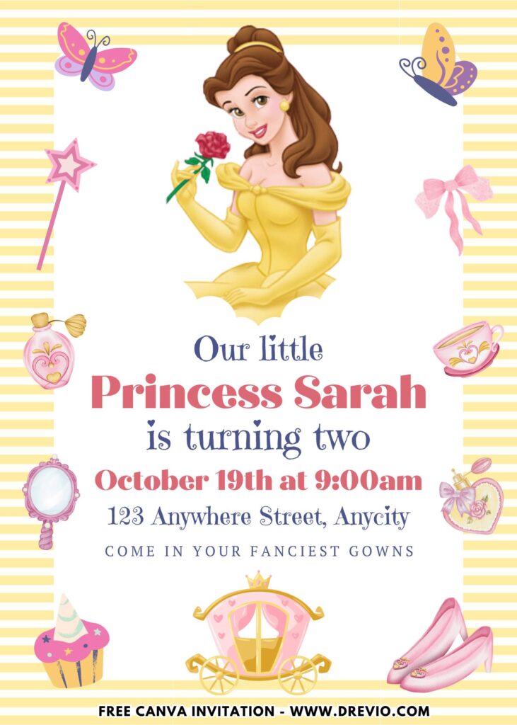Free and Editable Belle Birthday Invitation Templates Made in Canva. Customize Online for free