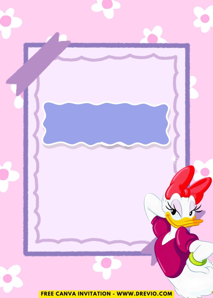 Free and Editable Pink Bow Disney Daisy Duck Birthday Invitation Templates Made in Canva. Customize Online for free