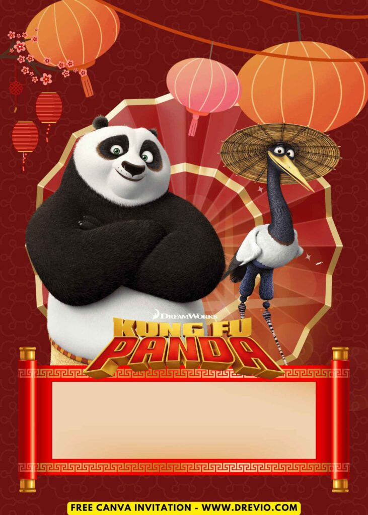 Free and Editable Kung Fu Panda Po and Master Crane Birthday Invitation Templates Made in Canva. Customize Online for free