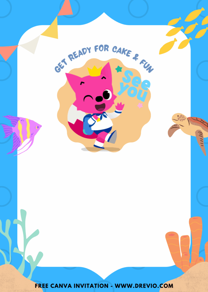 Free and Editable Pinkfong Baby Shark Birthday Invitation Templates Made in Canva. Customize Online for free
