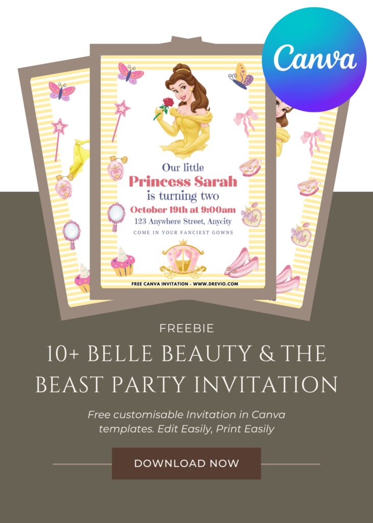 Free and Editable Princess Belle Birthday Invitation Templates Made in Canva. Customize Online for free