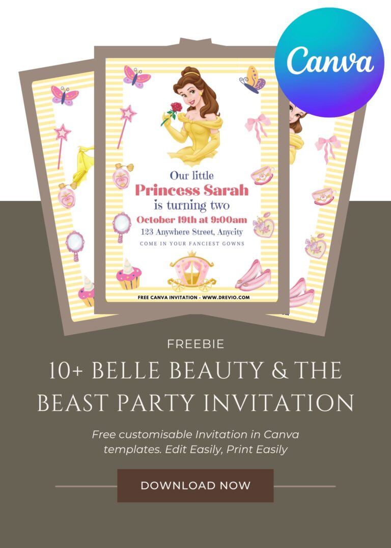 Free and Editable Princess Belle Birthday Invitation Templates Made in Canva. Customize Online for free