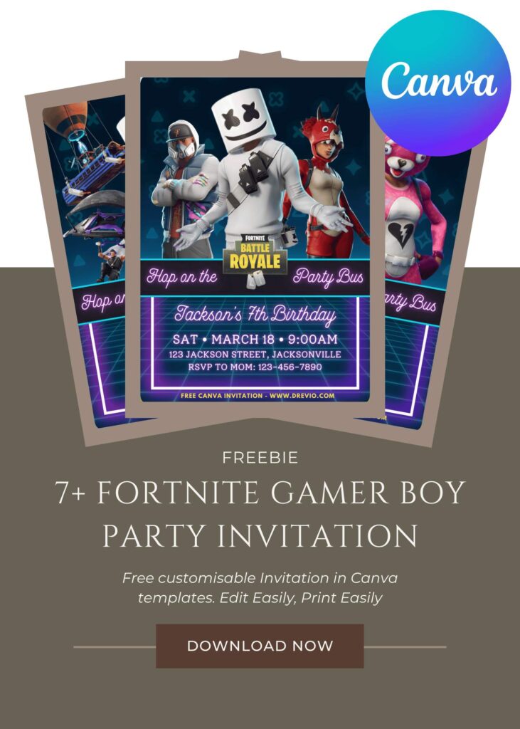 Free and Editable Awesome Fortnite Player Birthday Invitation Templates Made in Canva. Customize Online for free