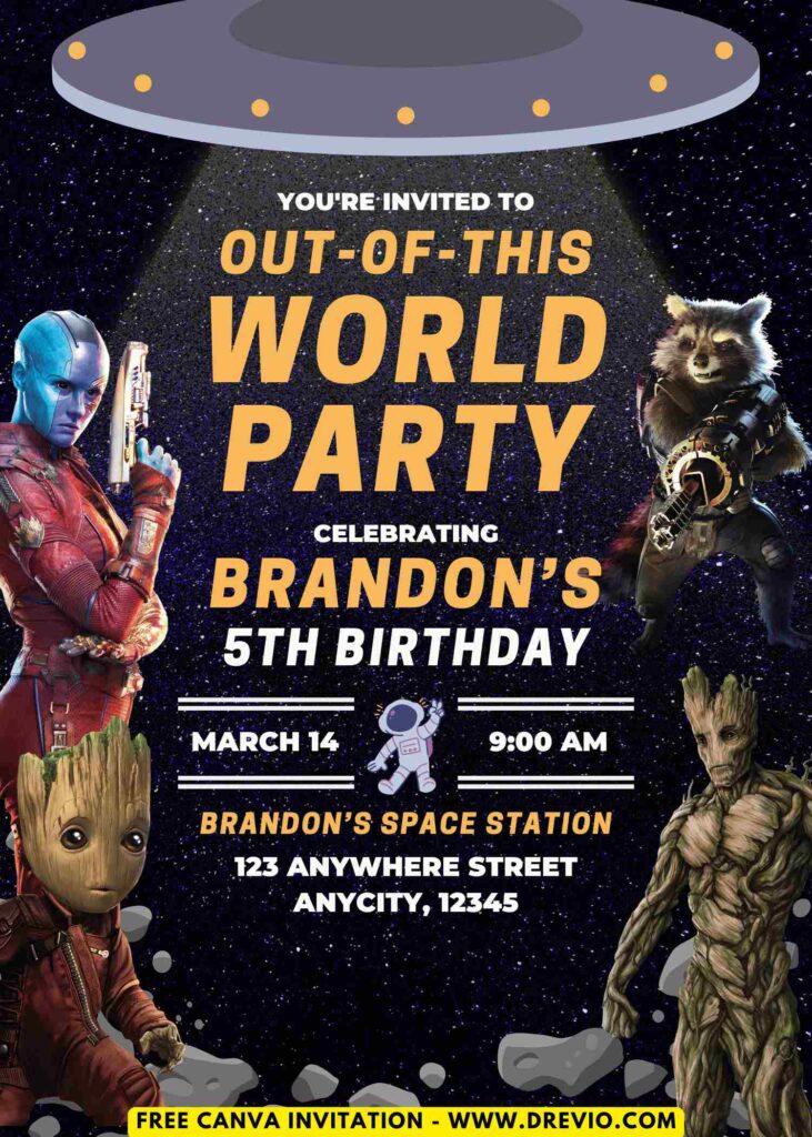 Free and Editable Guardians of Galaxy Groot Rocket Raccoon Drax and Nebula Birthday Invitation Templates Made in Canva. Customize Online for free