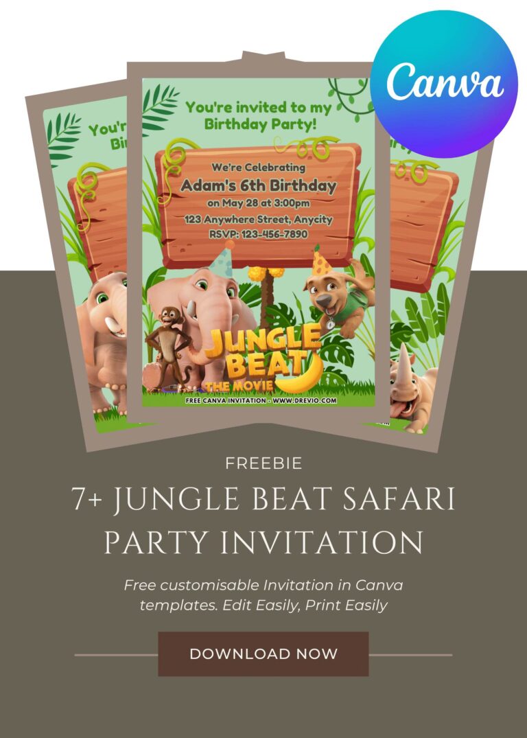 Free and Editable Adorable Jungle Beat Birthday Invitation Templates Made in Canva. Customize Online for free