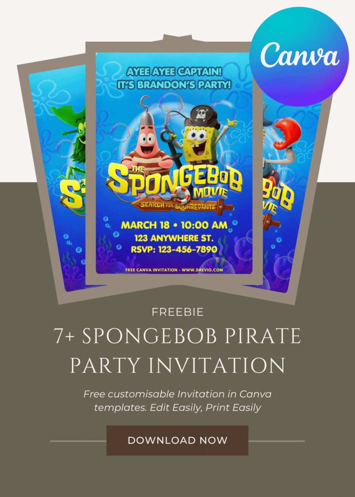 Free and Editable Adorable SpongeBob Pirate Movie Birthday Invitation Templates Made in Canva. Customize Online for free